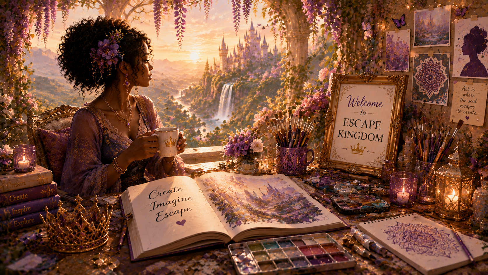Welcoming fantasy illustration celebrating creativity, imagination, and artistic inspiration, representing the heart and mission of Escape Kingdom.