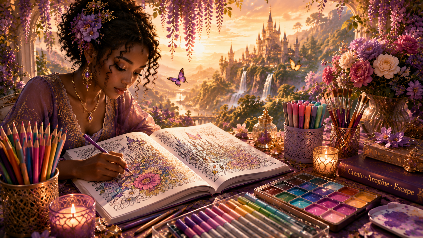 Artist coloring an intricate page surrounded by colored pencils, watercolor paints, and creative tools, representing the relaxing and creative atmosphere of Coloring Kingdom.