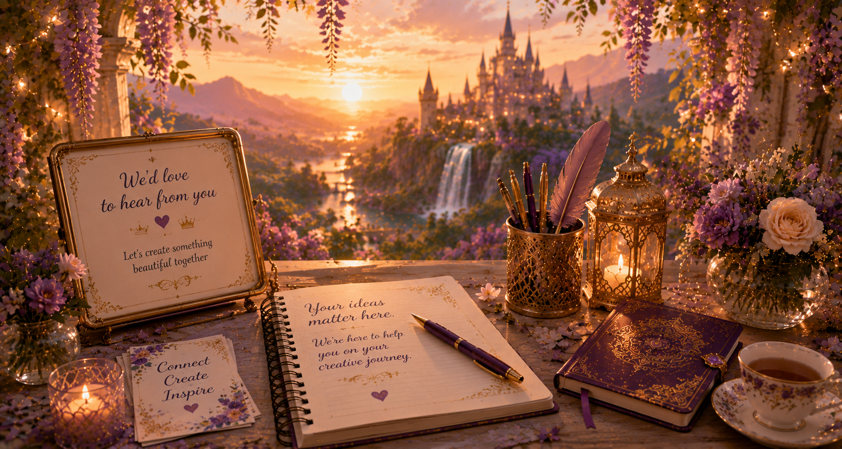 Welcoming creative workspace with stationery, flowers, and artistic details inviting visitors to connect with Escape Kingdom.