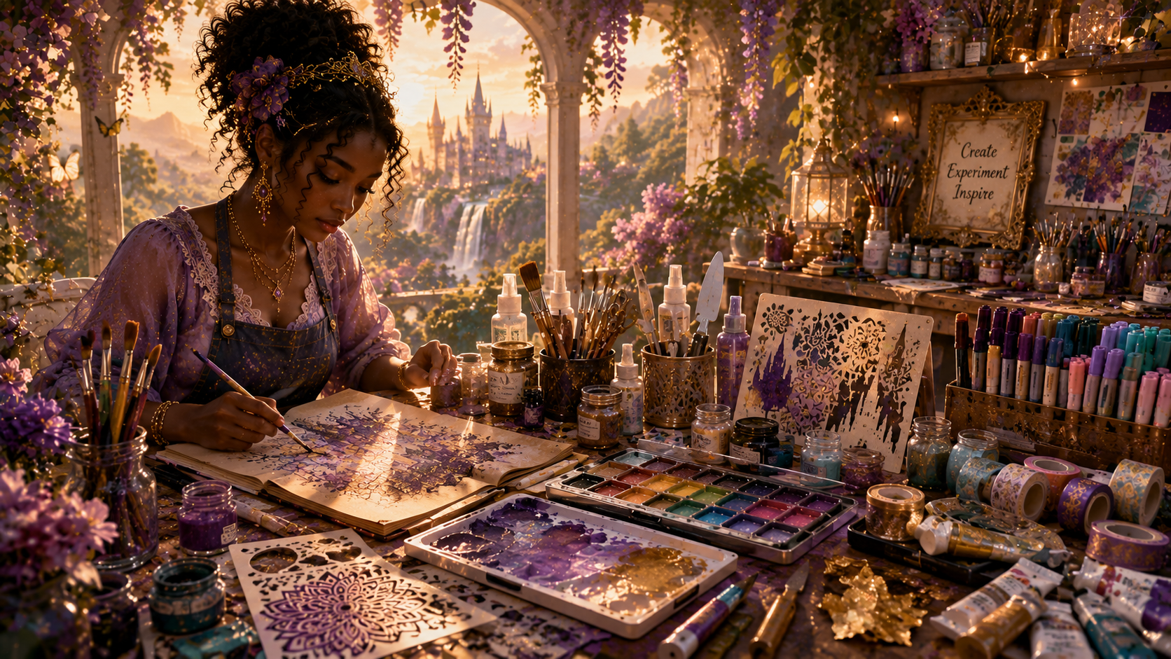 Artist's studio filled with paints, brushes, sketchbooks, and creative tools, representing learning, experimentation, and artistic growth in Creative Lab.