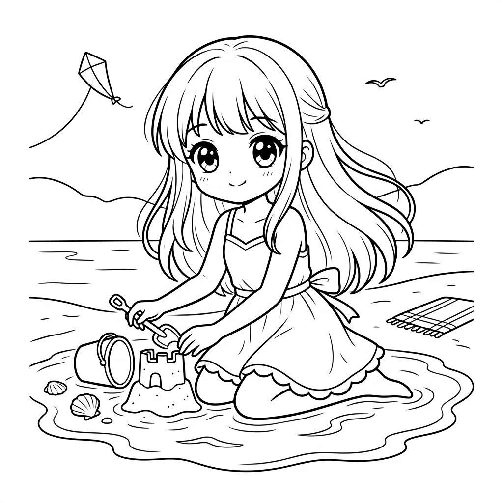 Cute anime girl coloring page with long flowing hair