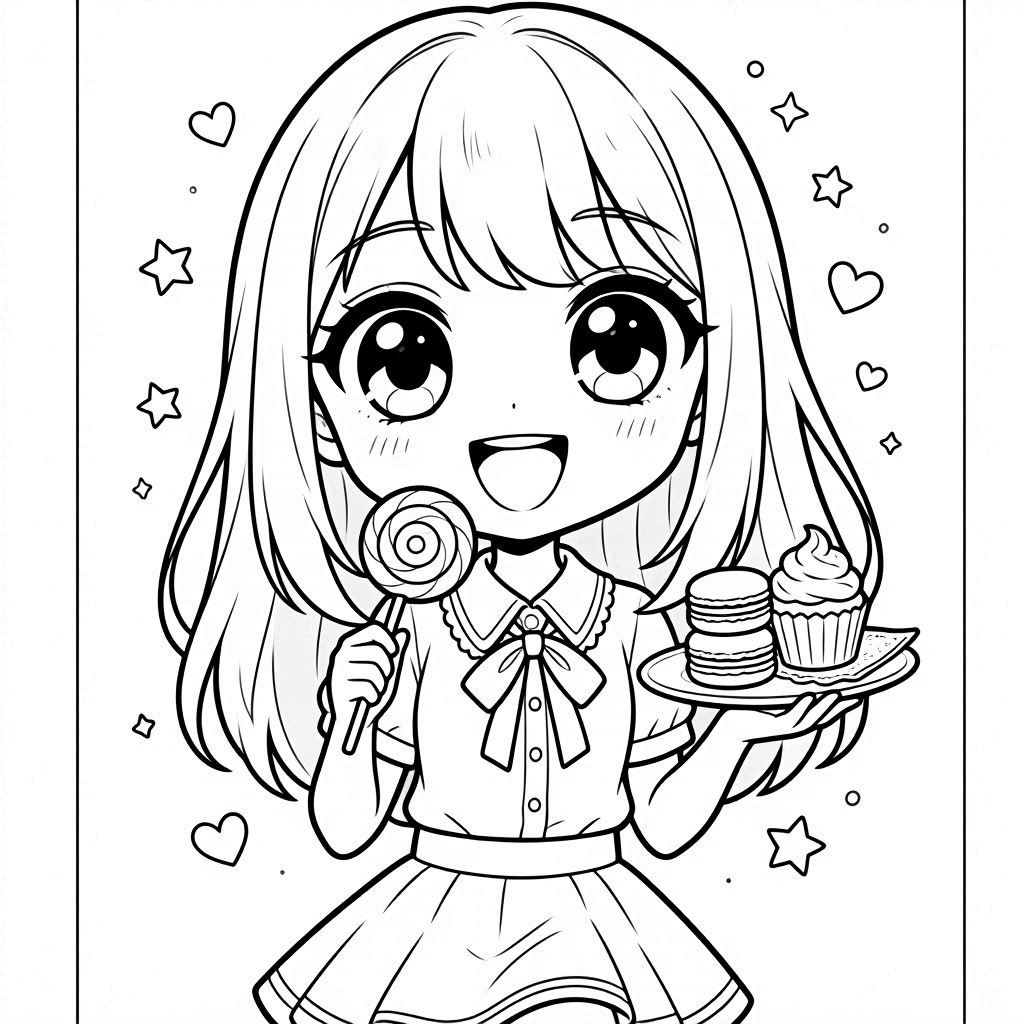 Kawaii anime girl coloring page surrounded by sweet treats