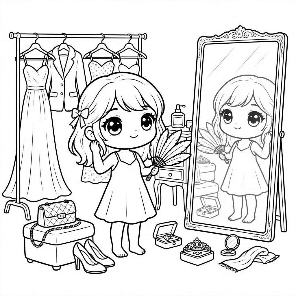 Cute anime chibi fashion girl coloring page