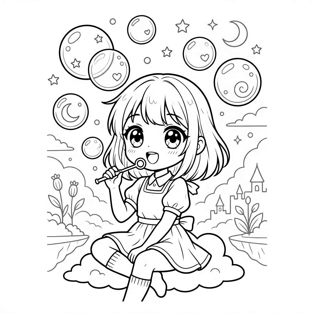 Cute girl coloring page with bubbles and playful expression