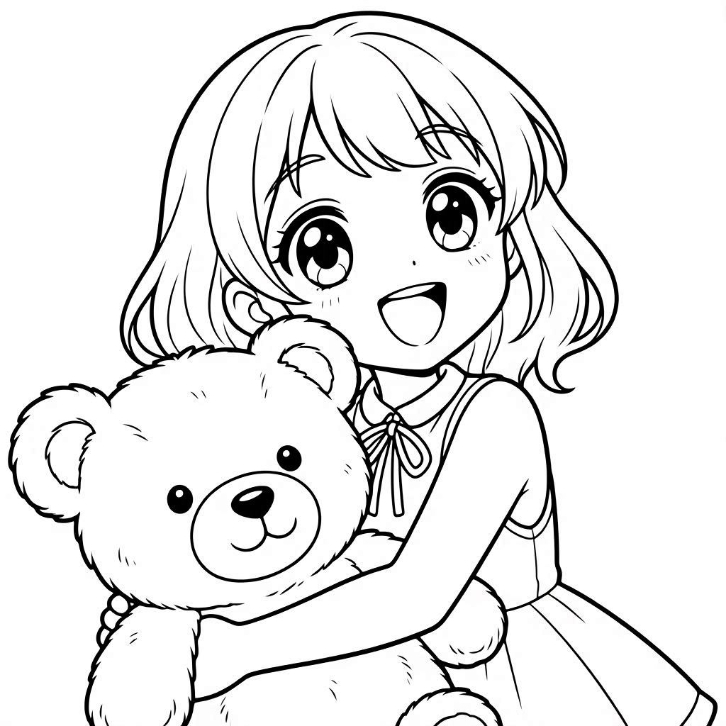 Cute girl holding a teddy bear coloring page