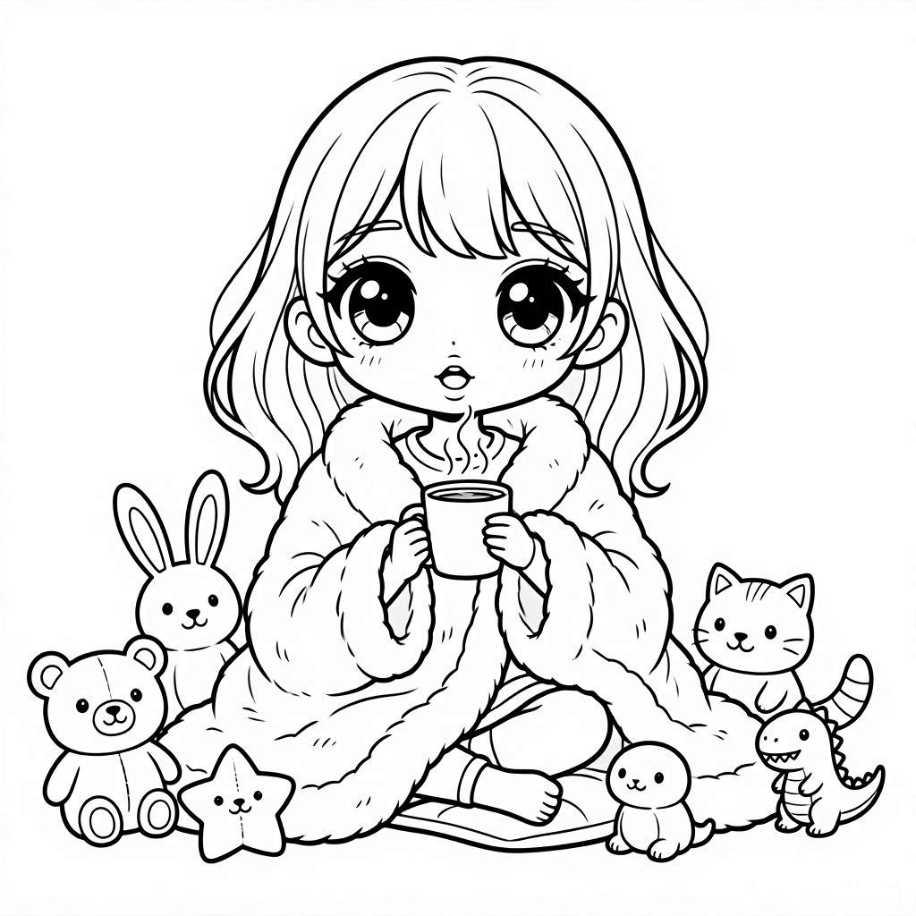 Cute girl coloring page with chocolate-themed animal friends