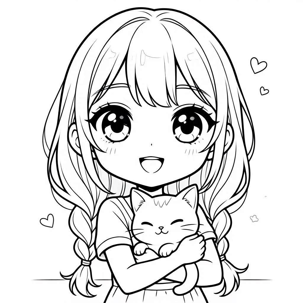 Cute girl hugging a small animal coloring page