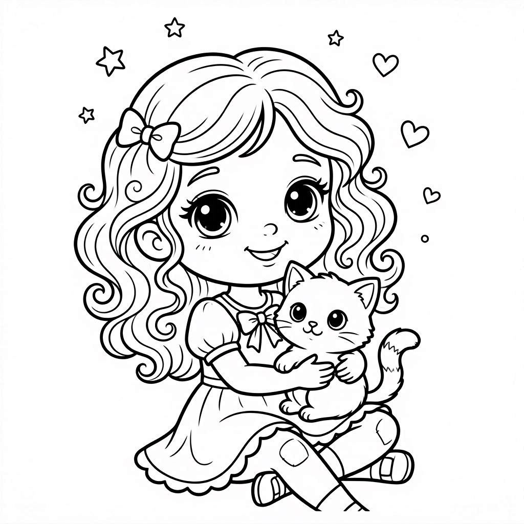 Cute girl and kitten coloring page for kids