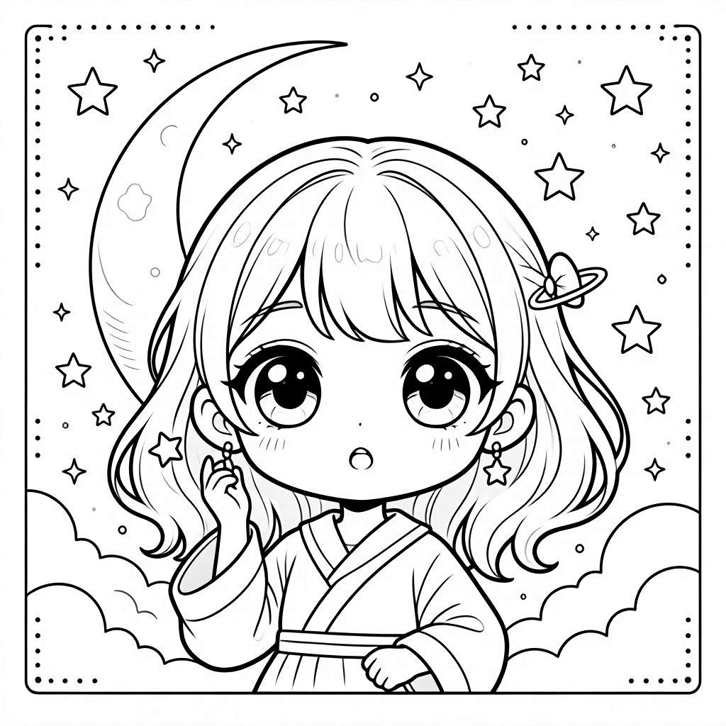 Cute girl coloring page with moon and stars background