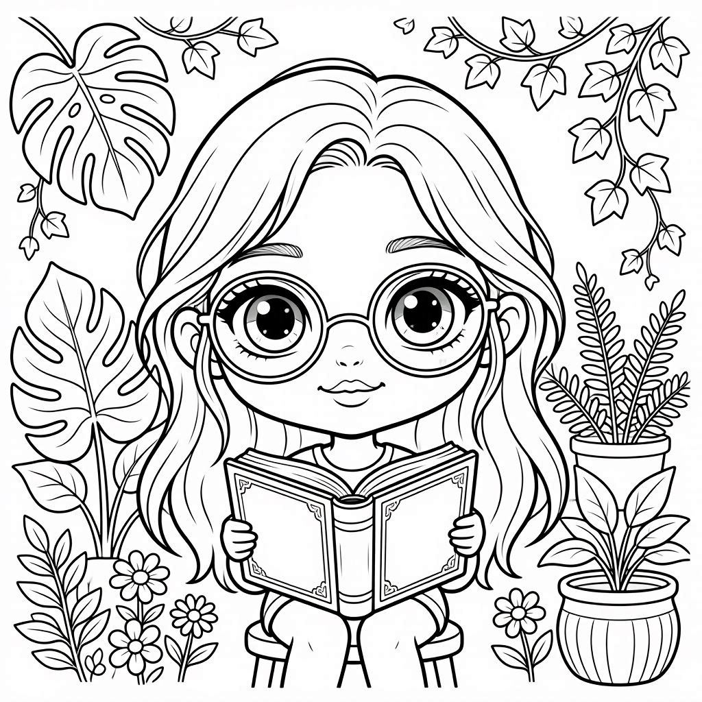 Cute girl reading a book coloring page