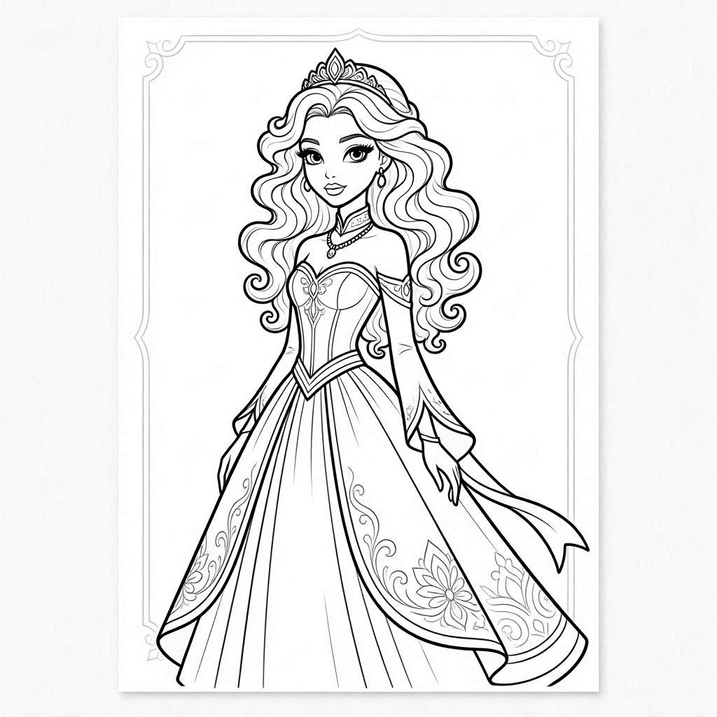 Printable princess coloring page with a elegant fairy tale gown