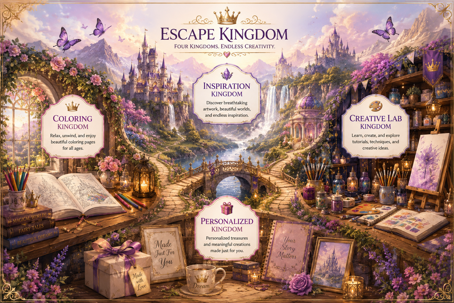 Illustration of the four creative realms of Escape Kingdom—Coloring Kingdom, Inspiration Kingdom, Creative Lab, and Personalized Kingdom—connected within a magical fantasy landscape.