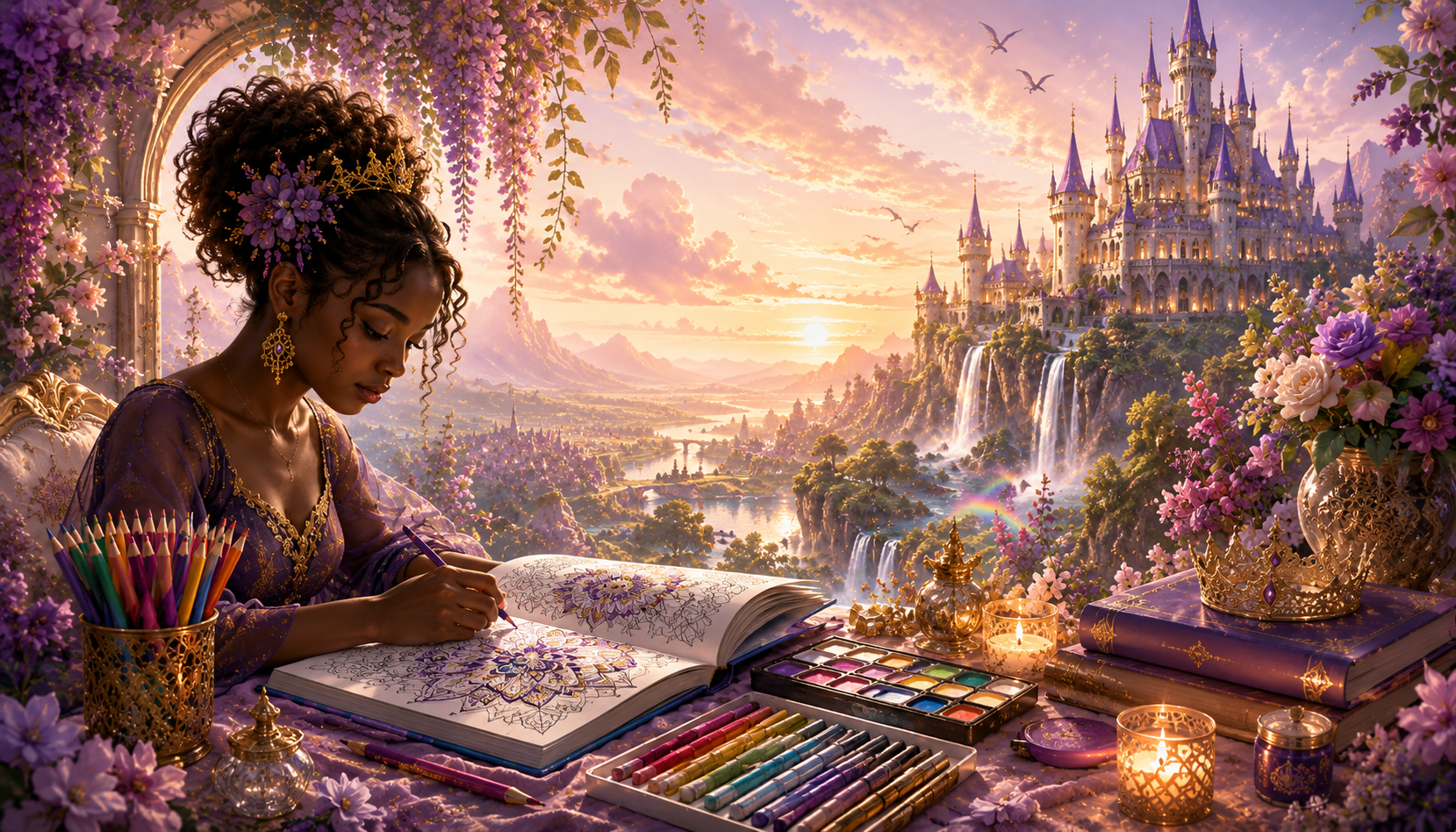 Artist creating artwork in a magical fantasy setting surrounded by coloring supplies and flowers, representing the creative world of Escape Kingdom.