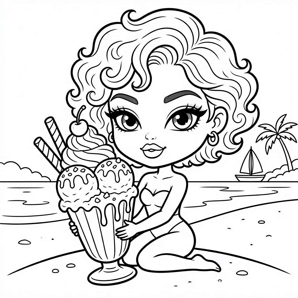 Cute girl enjoying ice cream coloring page