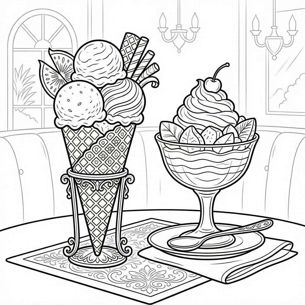 Ice cream stand coloring page with cones and sundaes
