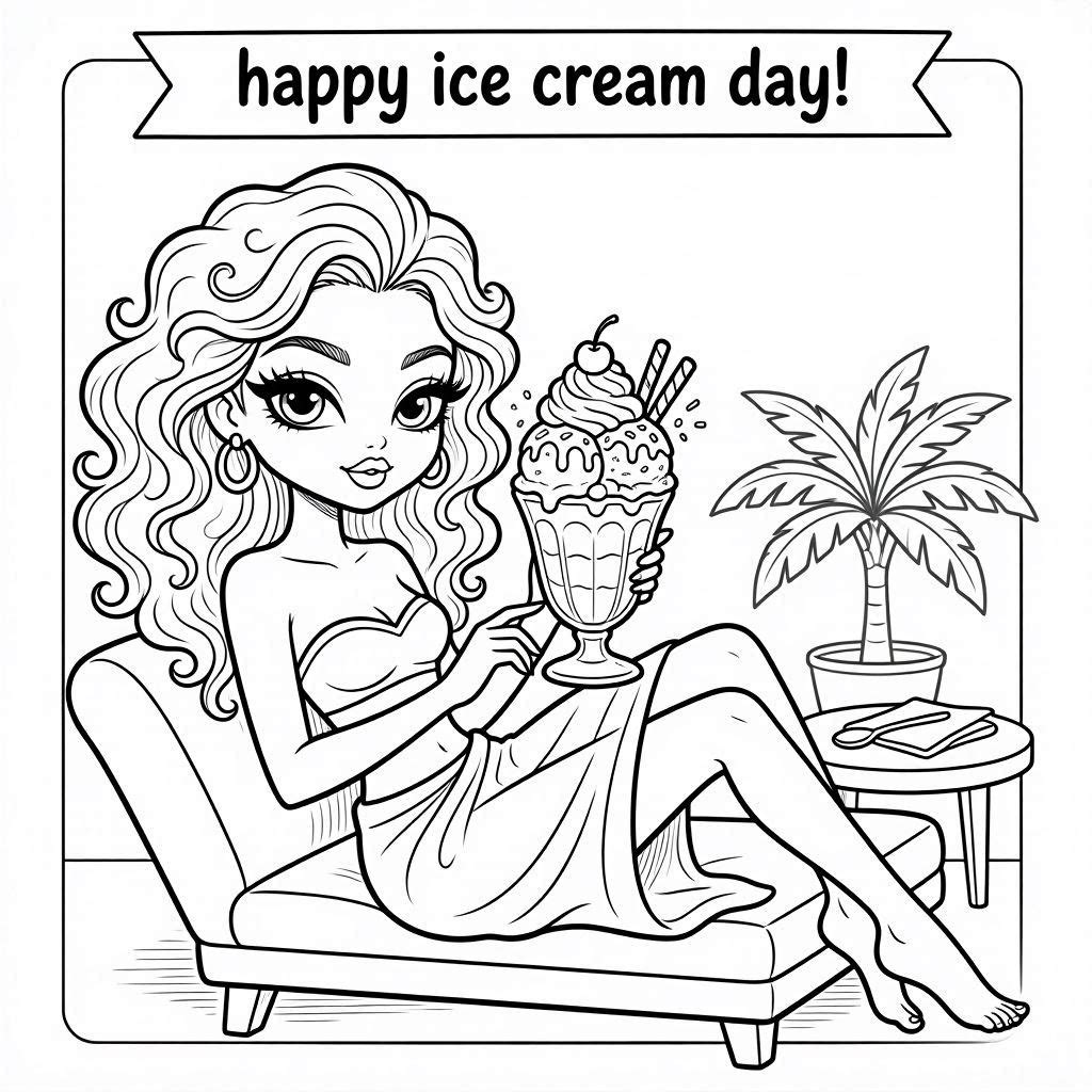 Happy ice cream day coloring page with girl and dessert
