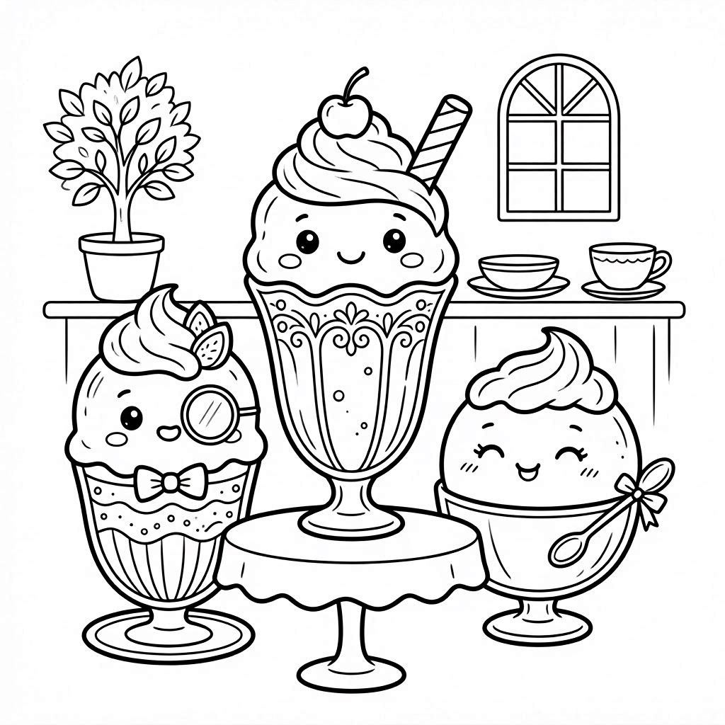 Cute kawaii ice cream cone coloring page