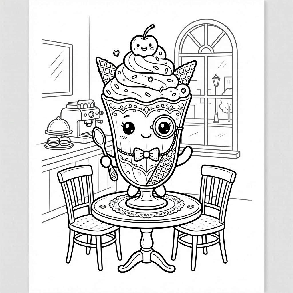 Kawaii ice cream character coloring page in ice cream shop