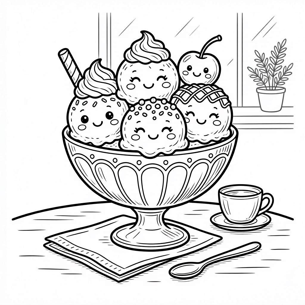 Cute kawaii ice cream sundae coloring page with sweet treats