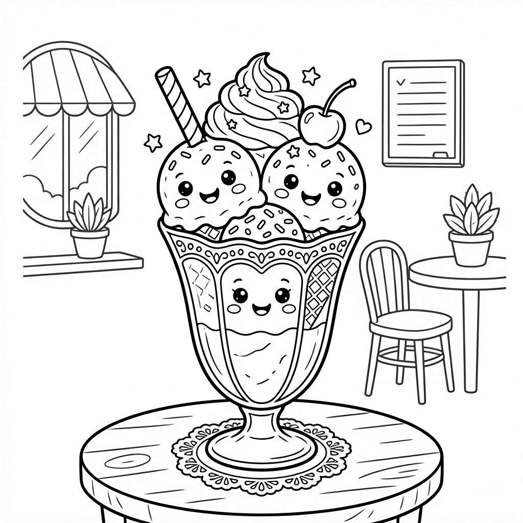 Ice cream themed coloring page with sweet treats and desserts