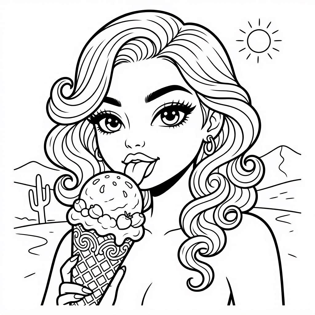 Cute girl enjoying frozen dessert coloring page