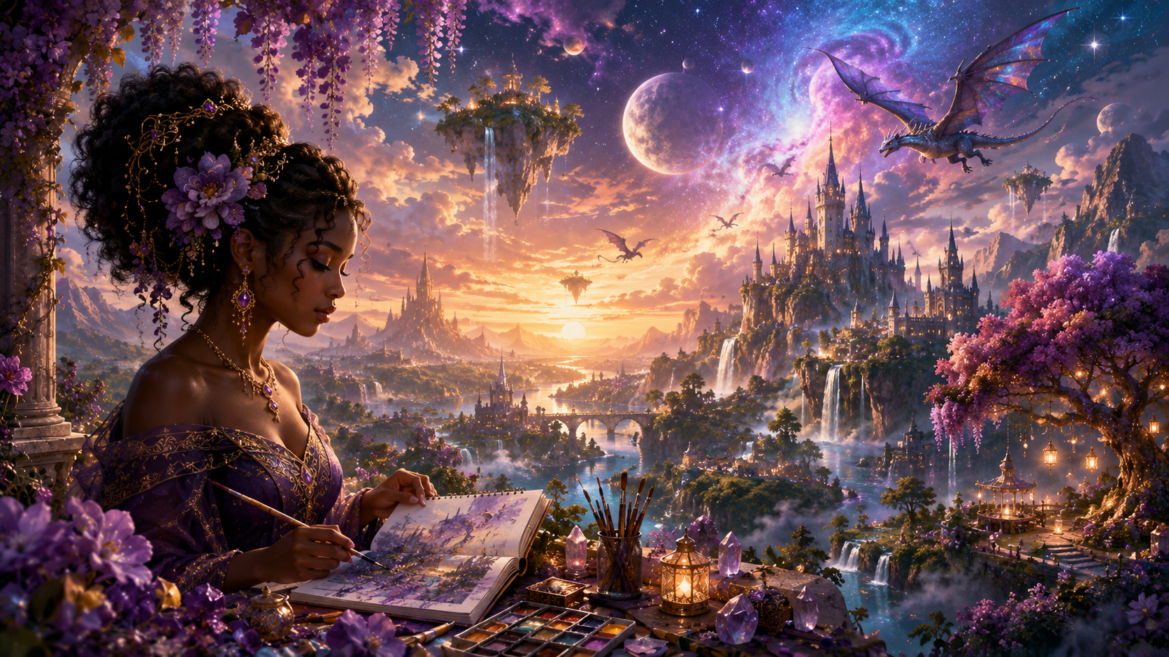 Fantasy landscape featuring elegant artwork, magical architecture, and imaginative scenery that inspires creativity in Inspiration Kingdom.
