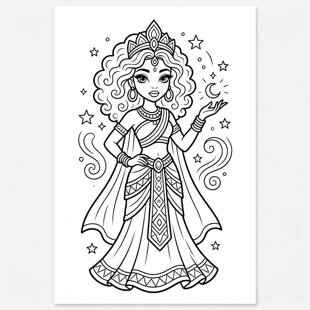 exotic princess outline drawing to color