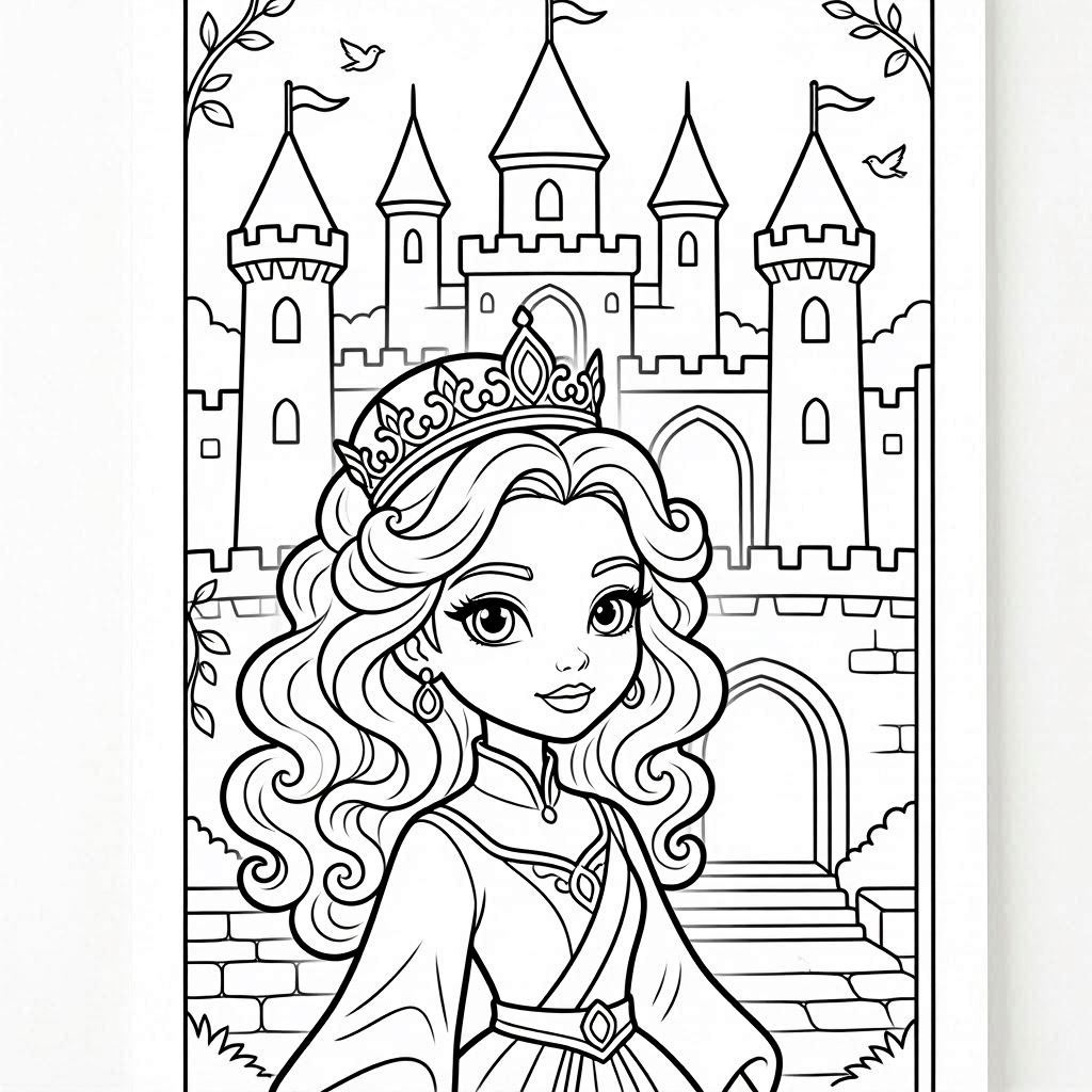 Princess coloring page featuring a beautiful fairy tale princess