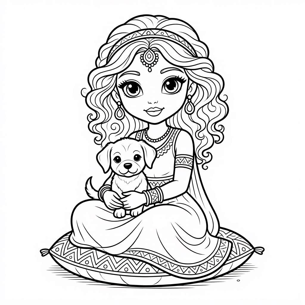 happy princess sitting with pet coloring page