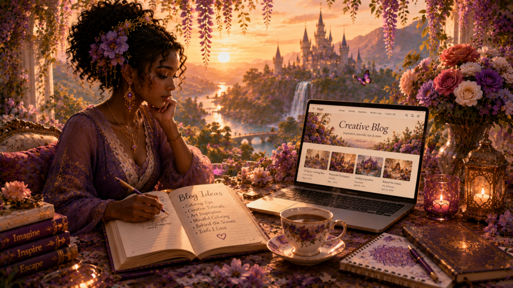 Cozy creative reading space with books, journals, art supplies, and warm lighting representing the Royal Library of Escape Kingdom.