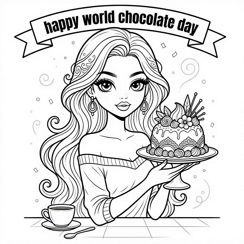 a Happy world Chocolate banner over a pretty female holding a chocolate cake at a café