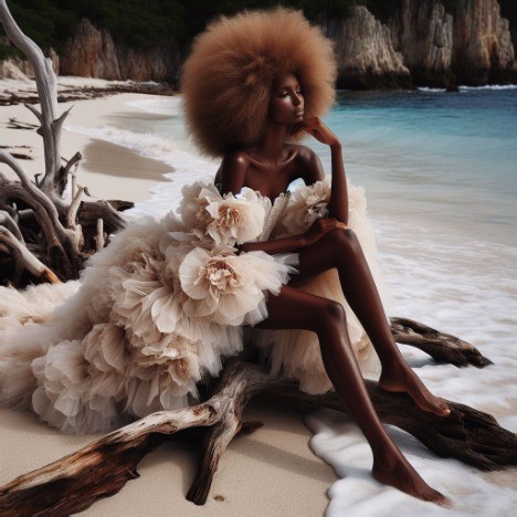 Fantasy fashion art featuring an elegant ocean-inspired couture gown beside the shoreline.