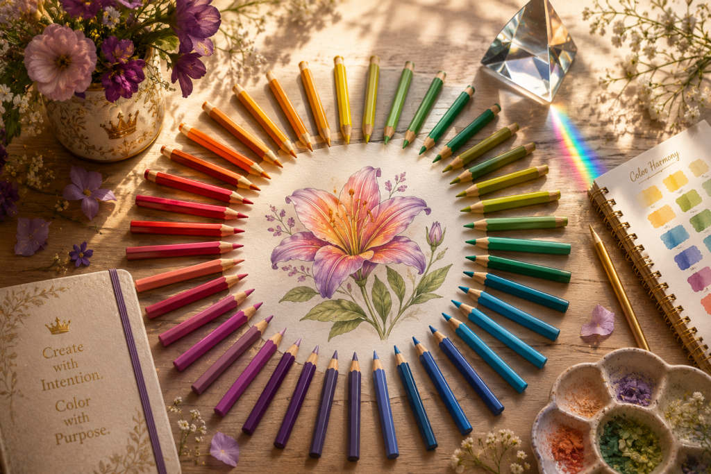Colored pencils arranged in a circular color wheel around a botanical flower illustration on an elegant artist's workspace, symbolizing color harmony and creative color planning.