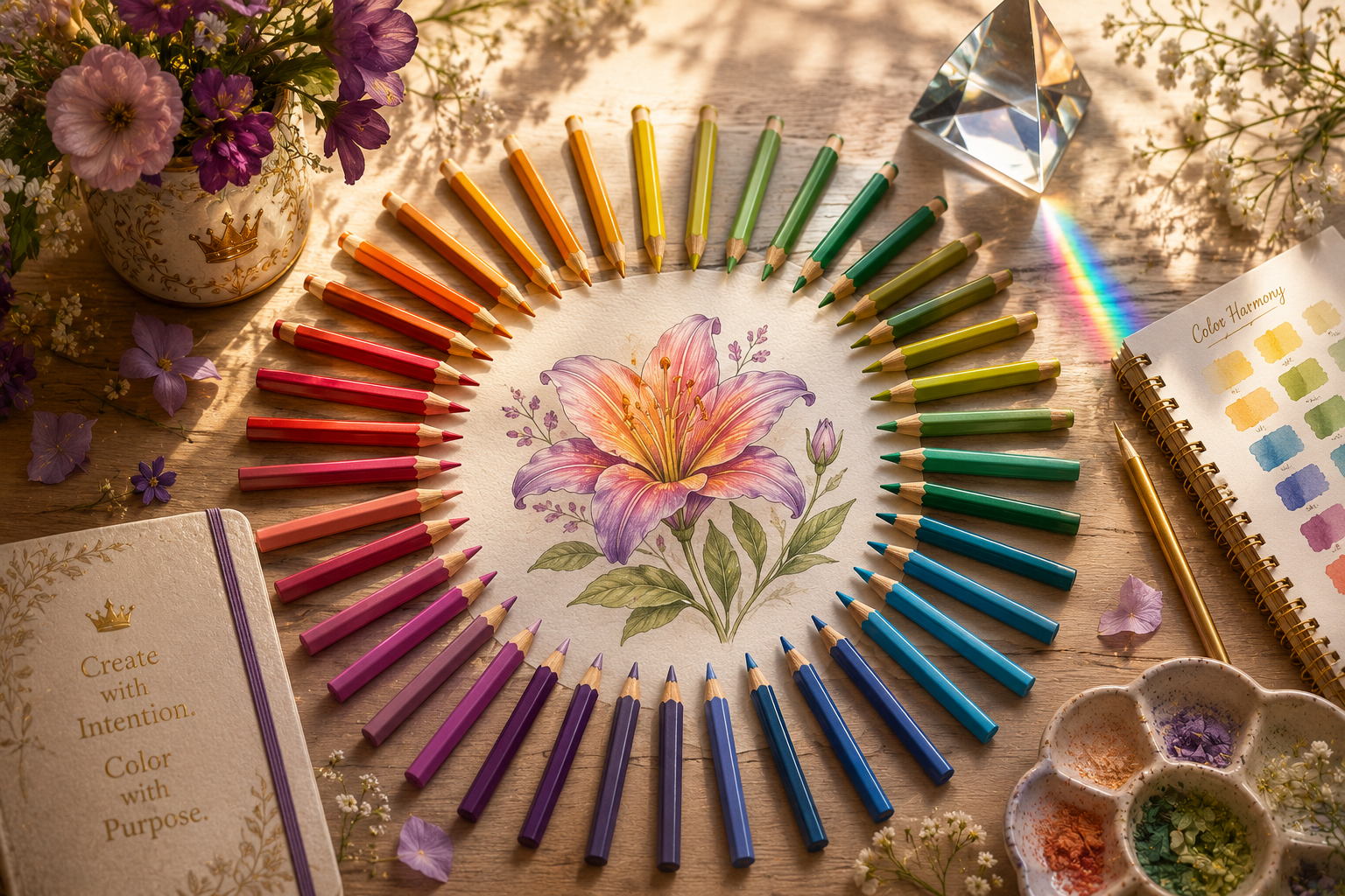 Colored pencils arranged in a circular color wheel around a botanical flower illustration on an elegant artist's workspace, symbolizing color harmony and creative color planning.