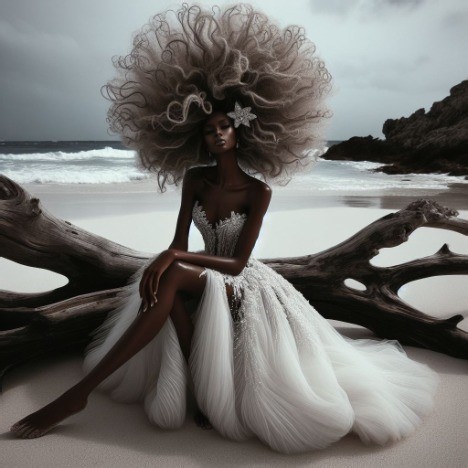 ethereal fantasy woman in white gown and big hair seated by the seashore