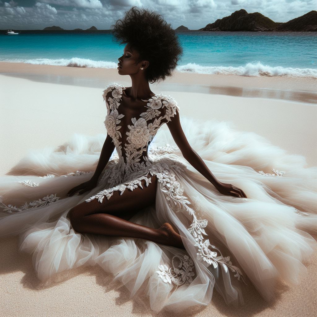 fantasy fashion model in luxury gown sitting by the coastal waters
