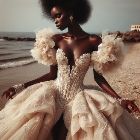 young lady in elaborate gown word near the seaside