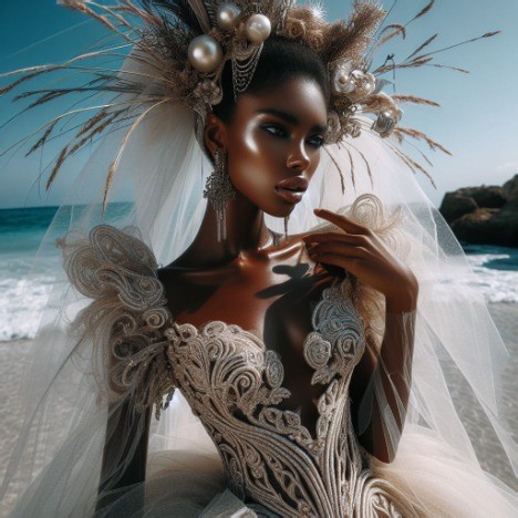 elaborate and ornate gown at the beach with matching headpiece