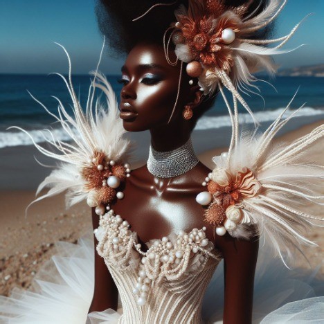 warm peachy toned shells and pearls inspired outfit in the Caribbean