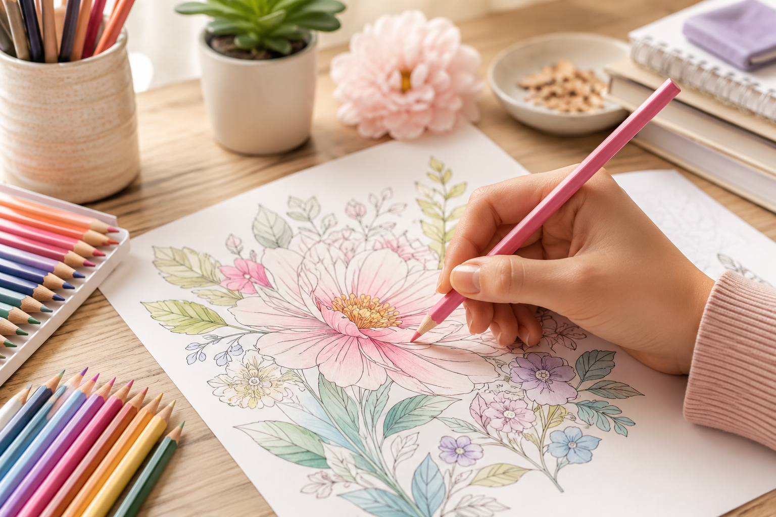 Hand demonstrating the relaxed tripod grip while holding a colored pencil over a partially colored floral coloring page in a bright creative workspace surrounded by neatly arranged colored pencils.