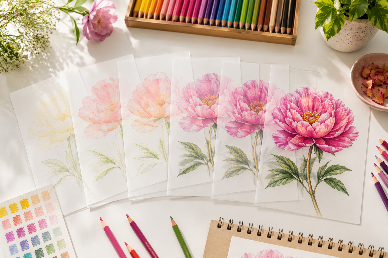 Layered colored pencil botanical illustration showing a flower gradually built through multiple transparent color layers on an elegant artist's workspace.