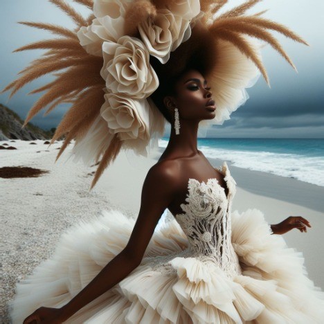 elaborate hat and attire at the beach