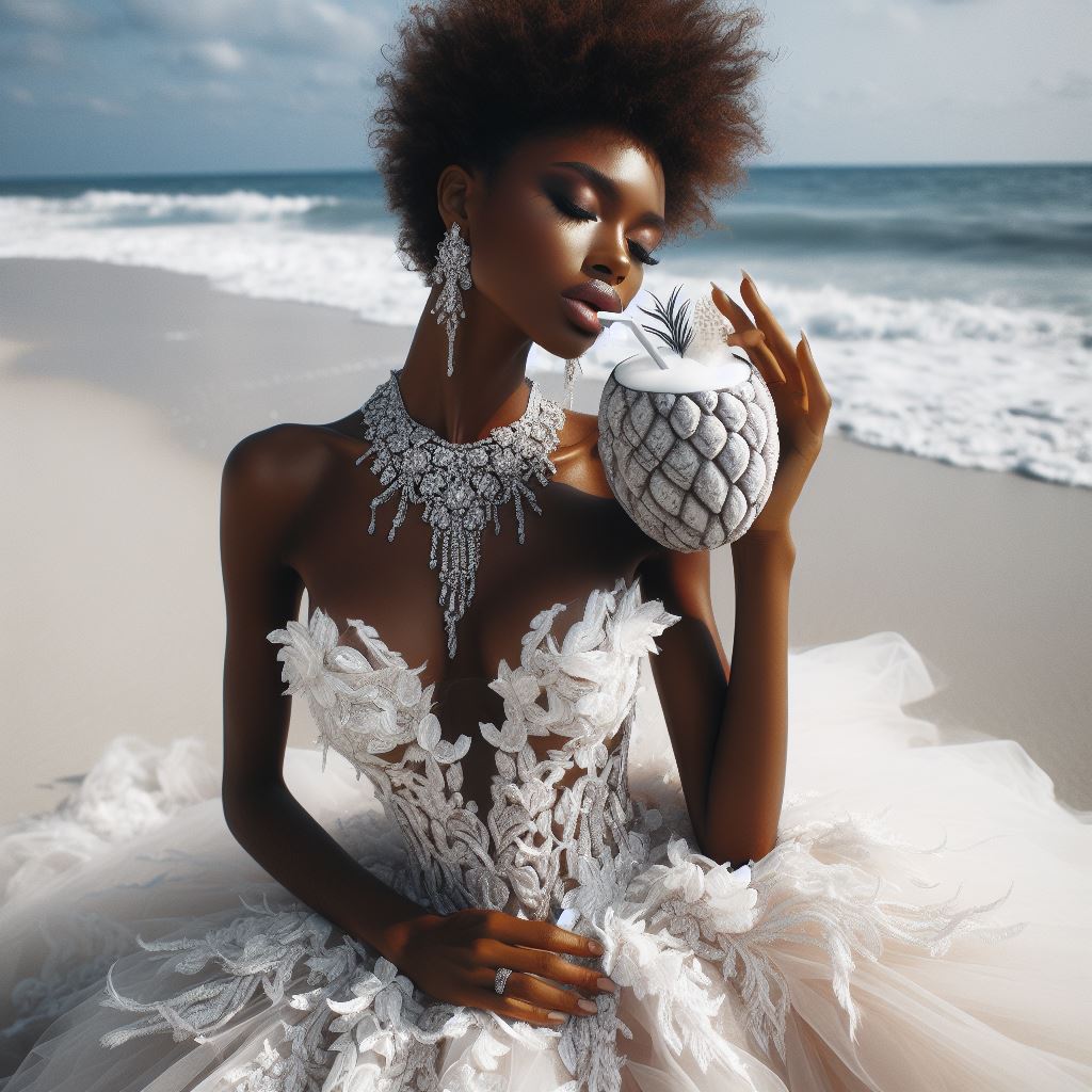 luxury queen in white ocean couture gown at the beach