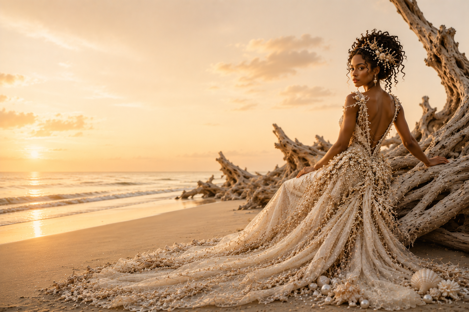 Beautiful fantasy fashion art woman dressed in intricate ocean couture gown inspired by seashells, coral, and flowing waves.
