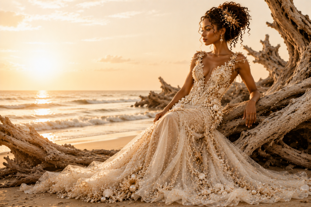 Elegant fantasy fashion art woman wearing a flowing ocean-inspired couture gown overlooking a peaceful tropical shoreline at sunrise in the Ocean Kingdom.