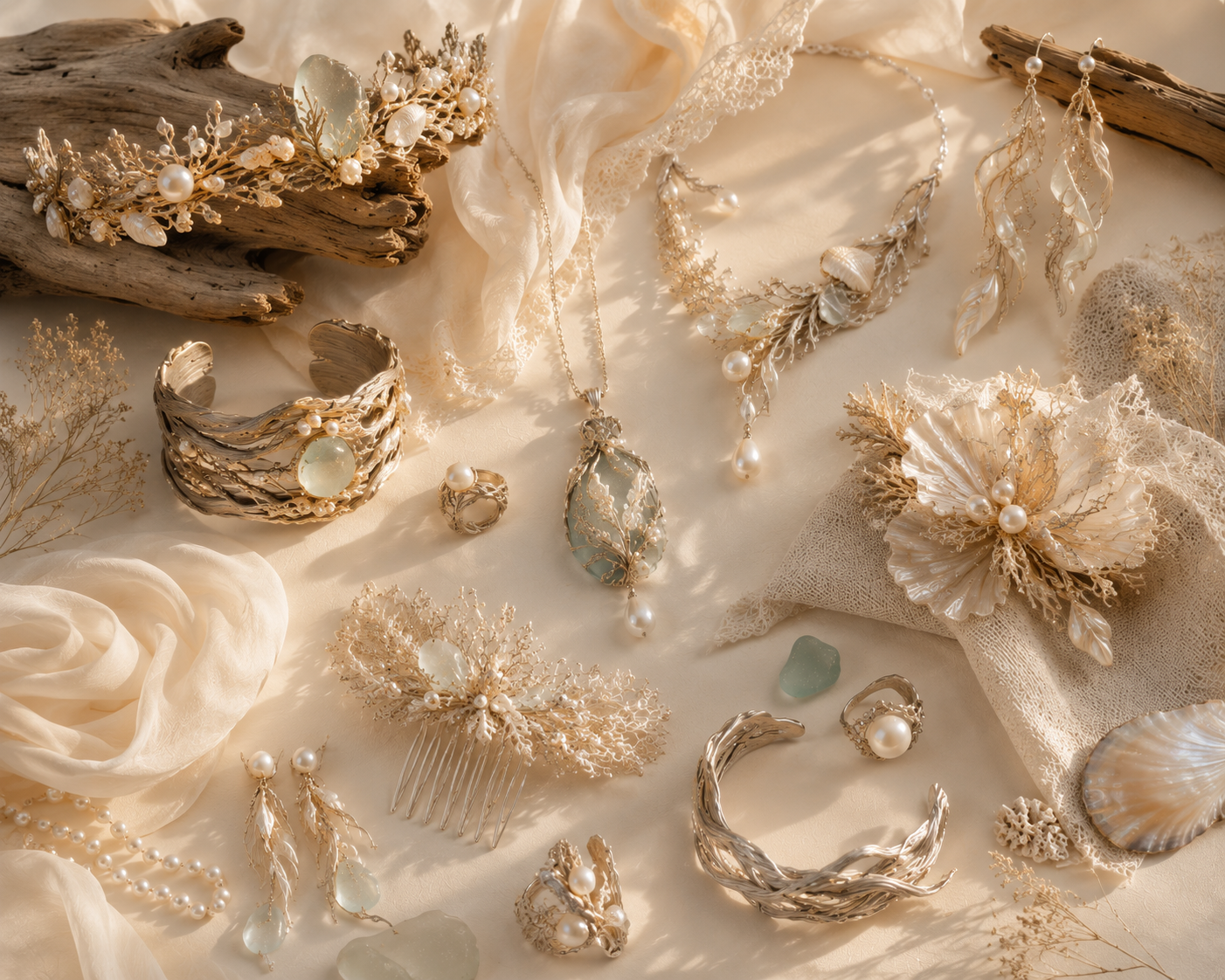 Museum-quality Creative Jewelry Inspiration inspired by the Ocean Couture Collection featuring pearls, sculptural driftwood, shell textures, sea glass and handcrafted bridal jewelry concepts.