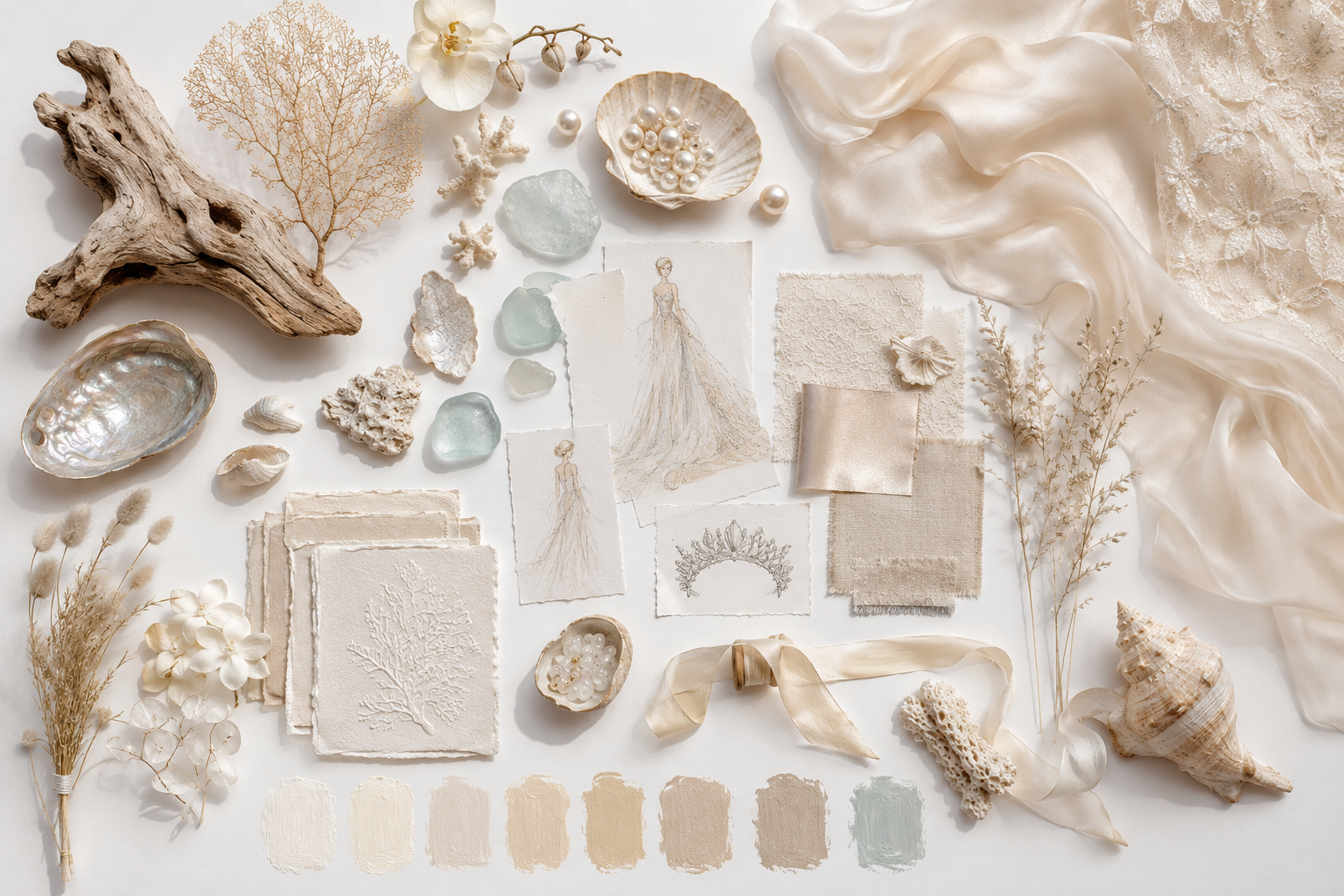 Creative Mood Board for the Ocean Couture Collection featuring pearls, driftwood, sea glass, lace and luxury coastal fashion inspiration.