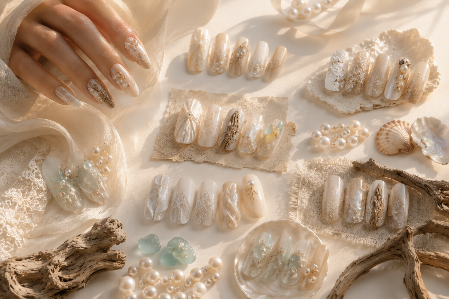 Luxury Creative Nail Inspiration inspired by the Ocean Couture Collection featuring pearl textures, ivory lace, driftwood patterns, sea-glass accents and elegant bridal nail artistry.