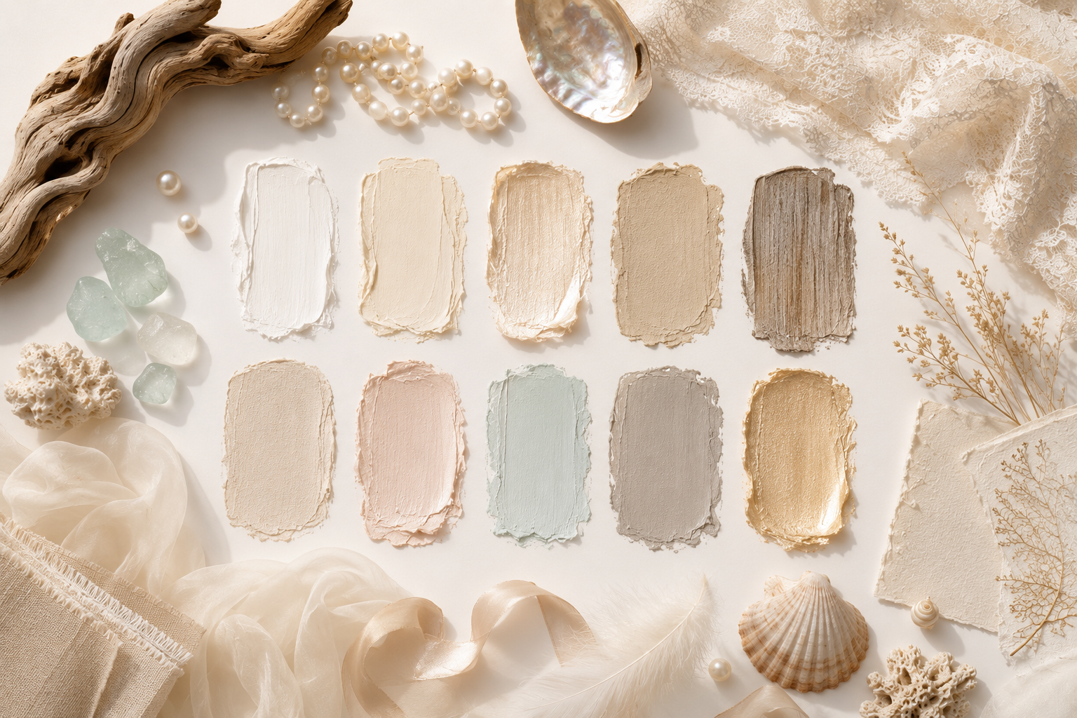 Ocean Couture Creative Palette showing pearl white, ivory, champagne, driftwood and sea-glass inspired colors.