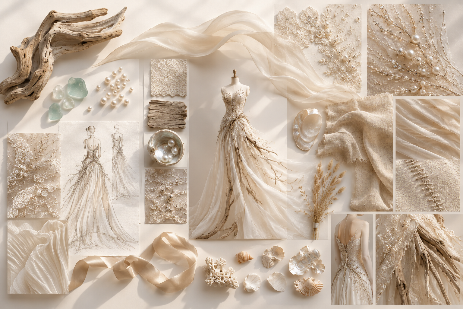 Design Language board demonstrating flowing silhouettes, organic forms and handcrafted coastal couture details.